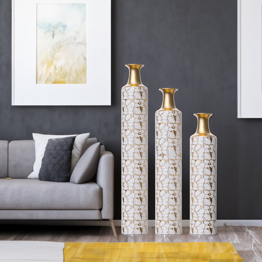 Gold Floor Vase Set of 3 – 24", 28" & 32" | Antique White Metal