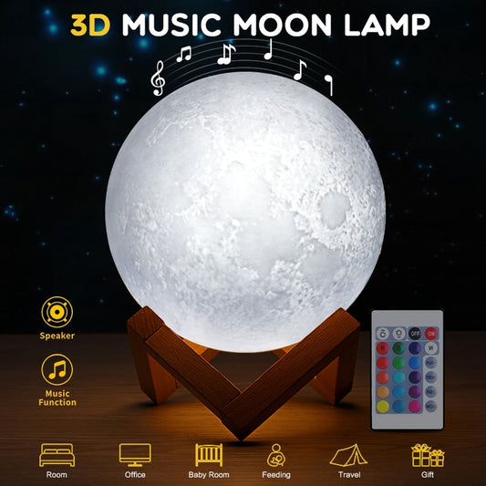 3D Color-Changing Bluetooth Moon Lamp with Wooden Stand
